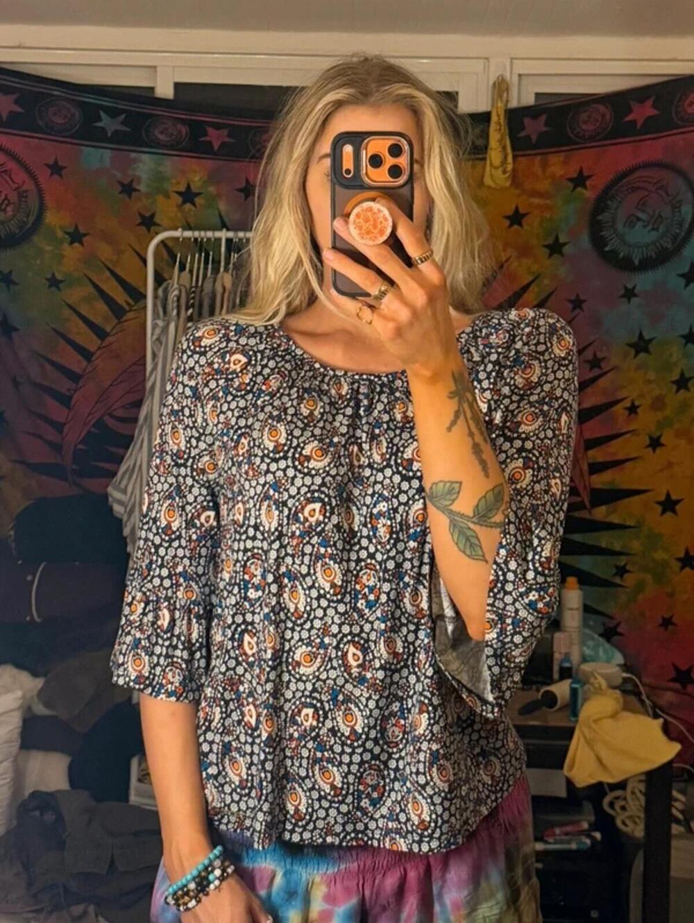 Michael Kors M Navy Paisley Bell Sleeve Top | Boho Peasant Blouse